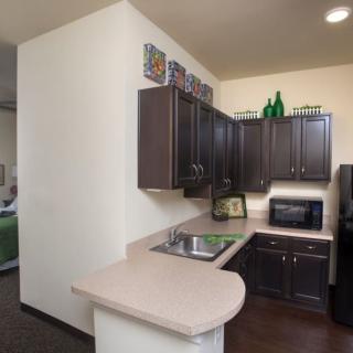 A modern kitchen with dark cabinets, a microwave, and a compact countertop layout.