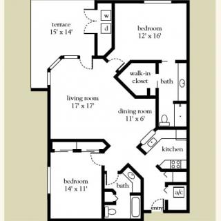 A floor plan of an apartment featuring two bedrooms, three bathrooms, a kitchen, a living room, a dining room, and a patio.