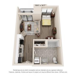 A 3D floor plan of a compact one-bedroom apartment featuring an open living area, kitchen, and bathroom.