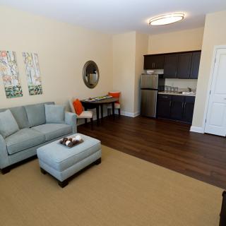 A cozy apartment living room with a sofa, ottoman, and a small dining area next to the kitchen.