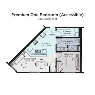 Floor plan of a Premium One Bedroom (Accessible) apartment, featuring an open layout with a living area, kitchen, and accessible design.