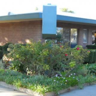 A small mid-century modern house with a lush garden in front.