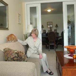 A woman sitting on a sofa in a living room, petting a cat.