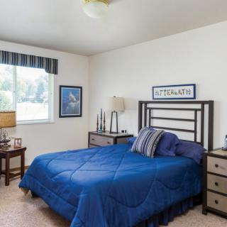 A cozy bedroom featuring blue bedding and complementary decor.