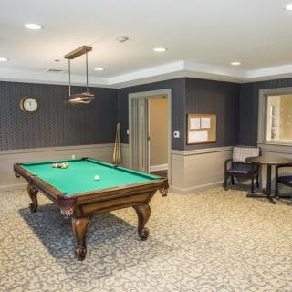 A well-furnished game room with a pool table and seating area.