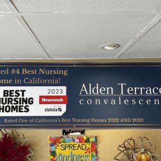 A banner for Alden Terrace Convalescent, showcasing its recognition as one of the best nursing homes in California for 2023.