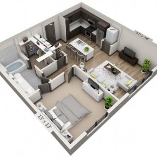 A 3D floor plan of a modern one-bedroom apartment, featuring an open living room and kitchen layout.