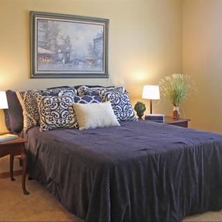 A cozy bedroom with a neatly made bed, decorative pillows, bedside tables with lamps, and a wall painting.