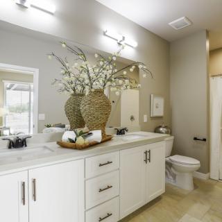 A well-designed bathroom with a double sink vanity, decorative vases, and modern lighting.