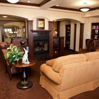 A cozy living room with a sofa and fireplace, surrounded by bookshelves and elegant decor.