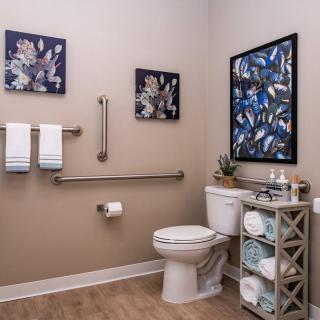 A neatly arranged bathroom with wall art, grab bars, and a storage unit.