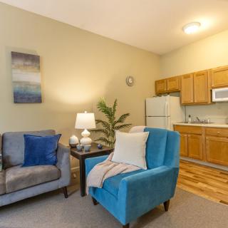 A cozy living area with a sofa, armchair, and a kitchenette.