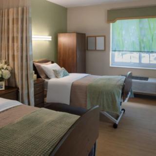 A well-lit hospital room with two neatly made beds and calming decor.