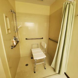An accessible bathroom shower equipped with safety features for ease of use.