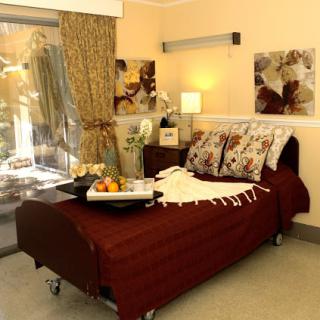 A cozy and elegantly decorated bedroom featuring a brown bed, artistic wall decor, and a touch of natural light.