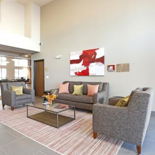 A modern living room with gray sofas, colorful cushions, abstract artwork on the wall, and a coffee table on a striped rug.