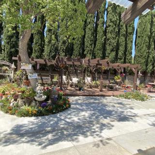 A serene garden setting with a pathway surrounded by lush greenery and flowers.
