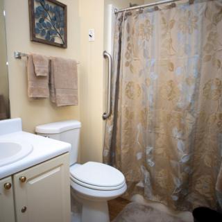 A small bathroom with a toilet, sink, and patterned shower curtain.