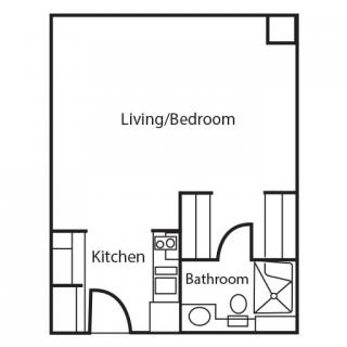 A floor plan of a studio apartment with a combined living/bedroom area, kitchen, and bathroom.