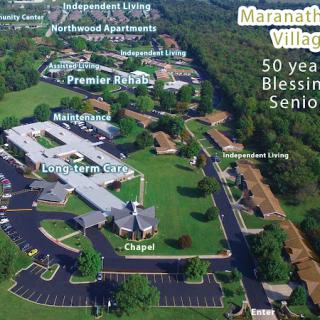 Aerial view of Maranatha Village, showcasing various senior living options and community facilities.