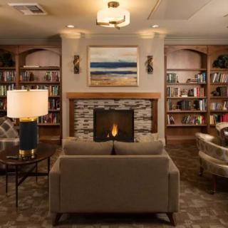 A cozy living room with a central fireplace, surrounded by bookshelves and warm lighting.