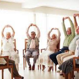 A group of seniors participating in a seated exercise session.