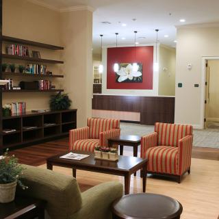 A modern lobby with comfortable seating and stylish decor.