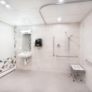 A modern accessible bathroom featuring a shower, sink, and amenities for individuals with mobility needs.