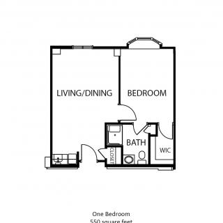 One-bedroom apartment floor plan with living/dining area and bathroom.