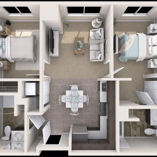 3D floor plan of a modern apartment with two bedrooms, a living room, kitchen, and bathroom.