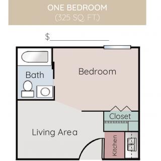A floor plan of a one-bedroom apartment with labeled areas for the bedroom, living area, bathroom, and closet.