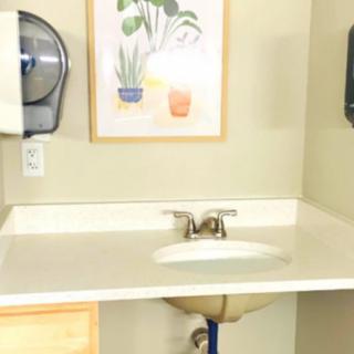 A clean and organized bathroom sink area with dispensers and wall art.
