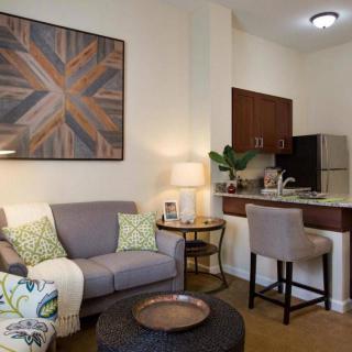 A cozy living room with a small kitchen area, featuring modern decor and comfortable furniture.