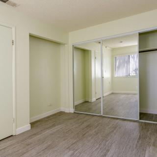 An empty room featuring wooden floors, light green walls, and mirrored closet doors.