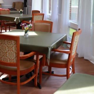A cozy dining room with wooden chairs and tables, adorned with small floral centerpieces, bathed in natural light.