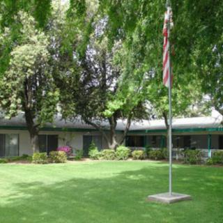 A landscaped lawn with a flagpole and trees in front of a building.