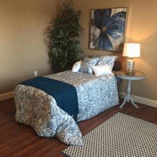 A cozy bedroom with a single bed, side table, and decorative elements like a lamp and painting.