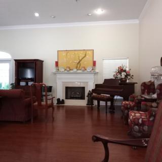 A cozy living room featuring a fireplace, hardwood floors, and elegant furnishings.