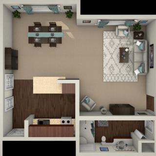 A 3D floor plan of an apartment showing the layout of a living room, dining area, kitchen, and bathroom.
