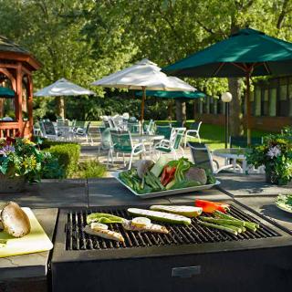 An outdoor barbecue setup with vegetables grilling on a sunny day in a garden patio.
