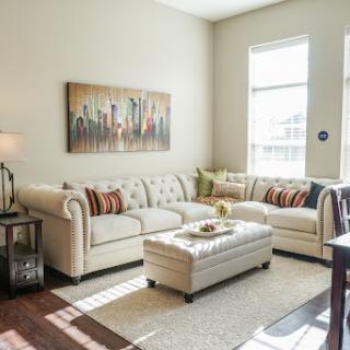 A stylish and cozy living room featuring a modern sectional sofa, decorative pillows, and a vibrant artwork hanging on the wall.
