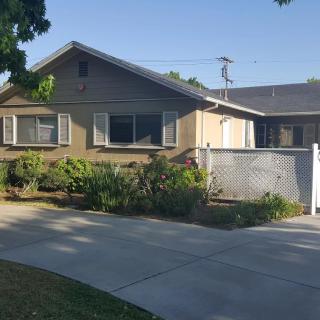 A suburban house with a driveway and garden on a sunny day.