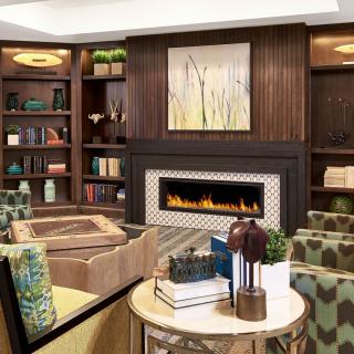 A cozy living room features a modern fireplace, surrounded by elegant bookshelves and comfortable seating.