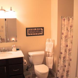A cozy bathroom featuring a toilet, sink with mirror, and a shower curtain.