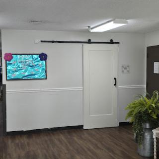 A modern office space featuring a sliding door, a television on the wall, and decorative plants.