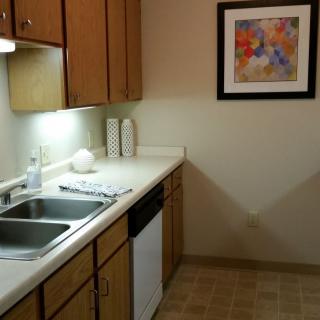 A modern kitchen with wooden cabinets, a double sink, and colorful artwork on the wall.