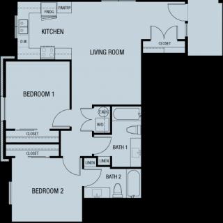 A floor plan of a two-bedroom apartment with a kitchen, living room, and two bathrooms.