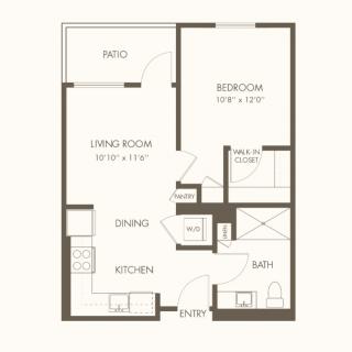 A one-bedroom apartment floor plan showing the layout of rooms including the kitchen, dining area, bedroom, bathroom, and patio.