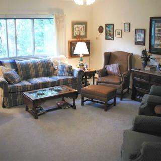 A cozy living room with a sofa, armchair, and coffee table, adorned with decorative elements.
