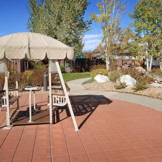 A sunny outdoor patio area with a table and chairs under an umbrella, surrounded by trees and a landscaped pathway.